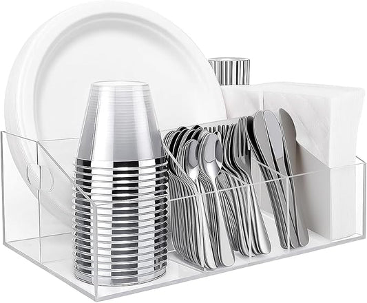 Acrylic Paper Plate Organizer and Dispenser – Extra Capacity Plate and Utensil Caddy for Plates, Cups, Napkins and Cutlery, Ideal for Kitchen, Parties, Picnics, Weddings, and Outdoor Events