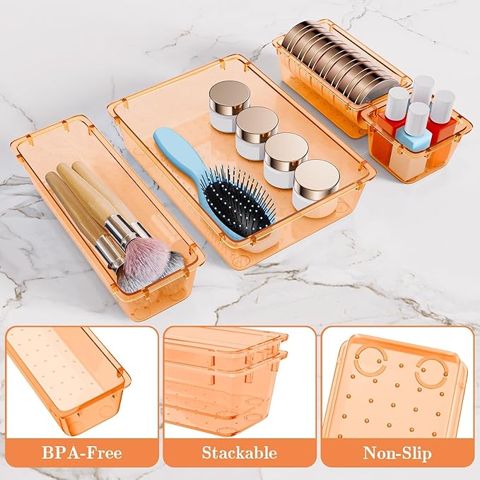 SpaceHacks 25 PCS Plastic Drawer Organizer Set, 4-Size Versatile Organizer Trays & Storage Bins for Makeup, Jewelry, and Gadgets in Bathroom, Bedroom and Office,Orange