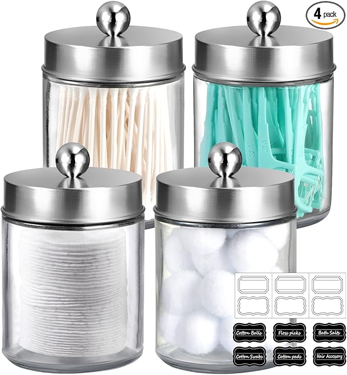 Amolliar 4Pc Apothecary Jars Bathroom Vanity Storage Organizer Set -Countertop Canister with Stainless Steel Lids &Stickers - Qtip Dispenser Holder for Qtip,Cotton Swab,Makeup Sponge (Brushed Nickel)