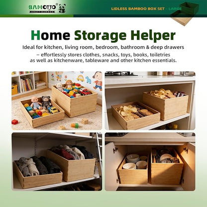 BAMOTTO CRAFTBAMBOO 2-Piece Large Bamboo Storage Box Set - 7.1in High Stackable Deep-Drawer Organizer, Lidless Bin for Kitchen Cutlery Utensils, Home & Office (14.6"x10.2"x7.1"+14.6"x10.2"x3.1")