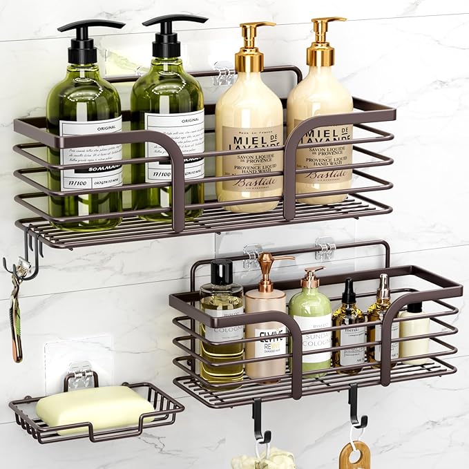 Yougai Shower Caddy, Shower Organizer with Soap Holder and Hooks, Rustproof Shower Shelves, No Drilling Bathroom Organizers and Storage, Wall-Mounted Kitchen & Home Decor (Brown)