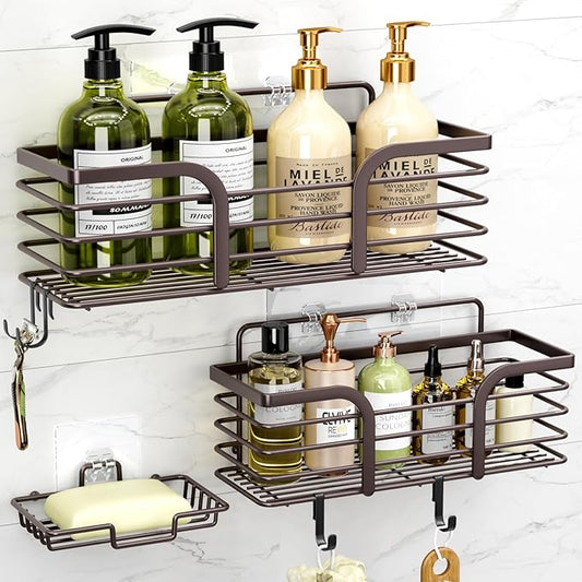 Yougai Shower Caddy, Shower Organizer with Soap Holder and Hooks, Rustproof Shower Shelves, No Drilling Bathroom Organizers and Storage, Wall-Mounted Kitchen & Home Decor (Brown)