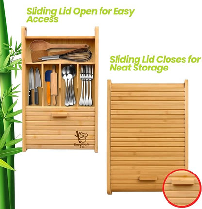 KozyKoala & Co. Bamboo Drawer Organizer with Sliding Lid - 5 Slot Kitchen Drawer Organizer & Utensil Holder - Wood Bamboo Cutlery Tray for Flatware & Multipurpose Storage for Home & Office