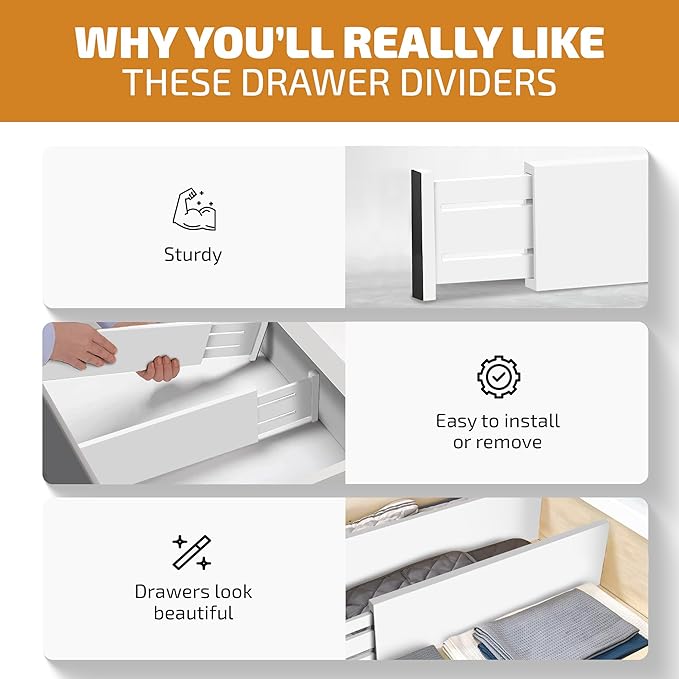 6-Pack Drawer Dividers - 6 Inches High, Adjustable 11 to 17 Inches Bamboo Drawer Organizer, Large Expandable Separator for Clothes, Dresser, Bedroom, Bathroom, Baby, Office, Kitchen Utensil, White