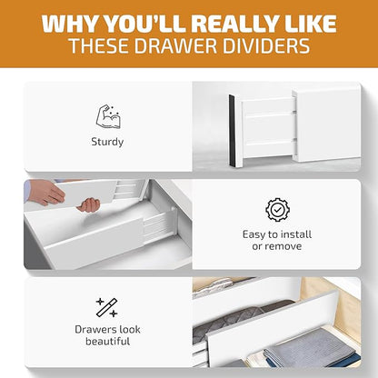 6-Pack Drawer Dividers 4 Inch High, 11”-17" Adjustable Bamboo Organizers Large Expandable Drawer Separators for Cloths, Dresser, Bedroom, Bathroom, Baby Drawer, Office & Kitchen Utensils (White)