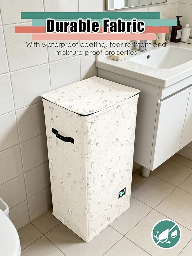 WTREE Laundry Hamper with Lid, Reinforced Sturdy Clothes Hamper with Anti-Puncture Base, Large Collapsible Laundry Basket with Removable Liner Bag, Tall Dirty Clothes Bin for Family, 100L Cream