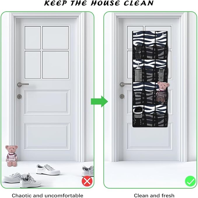 Multi-Functional 12-Pocket Hanging Bag for Doors, Heavy Duty Oxford Cloth Waterproof Lightweight and Space-Saving Design, Zebra Stripe