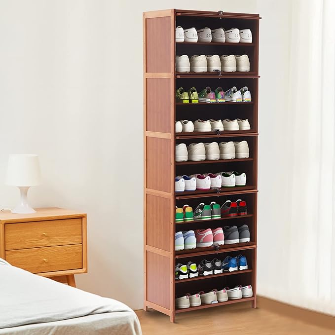10 Tiers 20-Pair Shoe Storage Cabinet Tall Bamboo Hidden Shoe Storage Free Standing Shoe Rack with Concealed Sliding Doors for Living Room Entrance and Bedroom