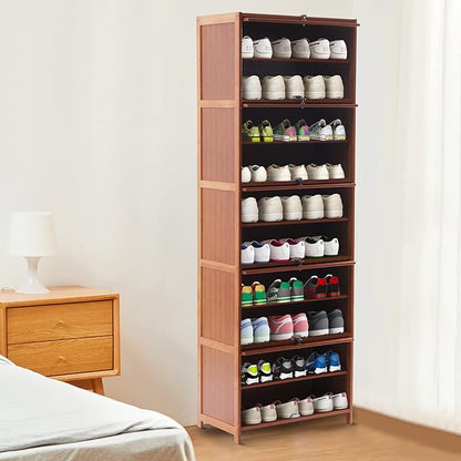 10 Tiers 20-Pair Shoe Storage Cabinet Tall Bamboo Hidden Shoe Storage Free Standing Shoe Rack with Concealed Sliding Doors for Living Room Entrance and Bedroom
