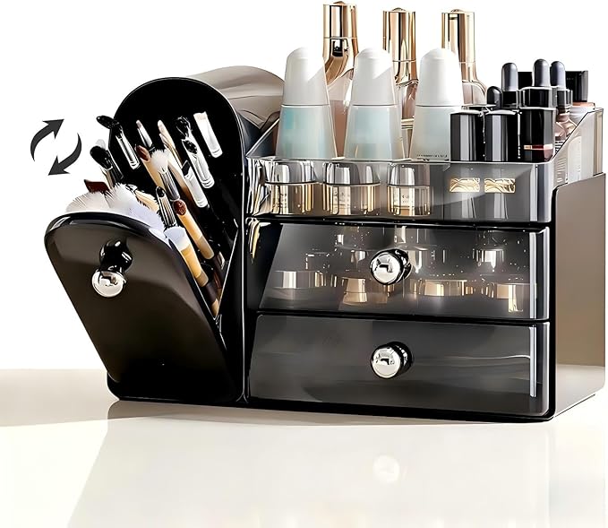 Makeup Organizer for Vanity with Covered Brush Holder，Bathroom Organizers with Drawer，Skin Care Organizer，Makeup Organizers for Vanity with Drawer，Large Makeup Storage for Dresser, Black