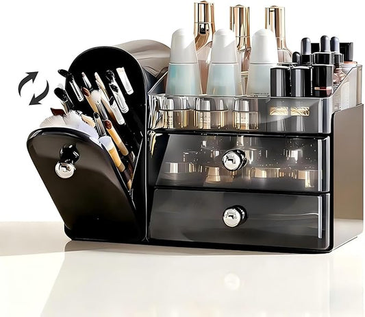 Makeup Organizer for Vanity with Covered Brush Holder，Bathroom Organizers with Drawer，Skin Care Organizer，Makeup Organizers for Vanity with Drawer，Large Makeup Storage for Dresser, Black