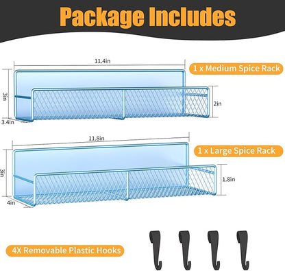 Magnetic Spice Rack for Refrigerator, 2 Pack Metal Magnetic Shelf Blue, Moveable Spice Organizer with Hooks, Super Magnetic Fridge Shelf for Kitchen Organization and Storage