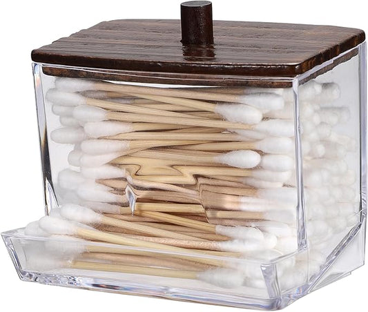 Hipiwe Clear Acrylic Qtip Holder Apothecary Jar with Wood Lid Cotton Ball and Swab Organizer Bathroom Accessories Canister Paperclip Organizer for Cotton Round Pads, Floss Picks