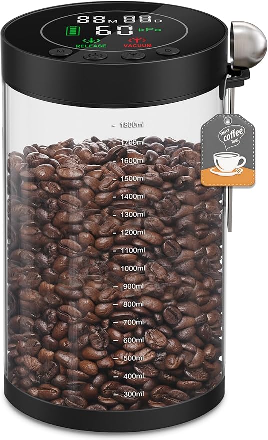 Electric Vacuum Coffee Canister, 2.0L Glass Airtight Food Storage Containers with Smart Pressure Sensor, Automatic Coffee Bean Container Rechargeable with LED Display Window for Kitchen Food Storage