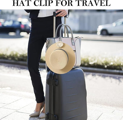 2 Pack Leather Hat Clip for Travel On Bag, Travel Hat Holder for Handbag Backpacks Luggage, Outdoor Travel Accessories Hat Bag Clip (White)