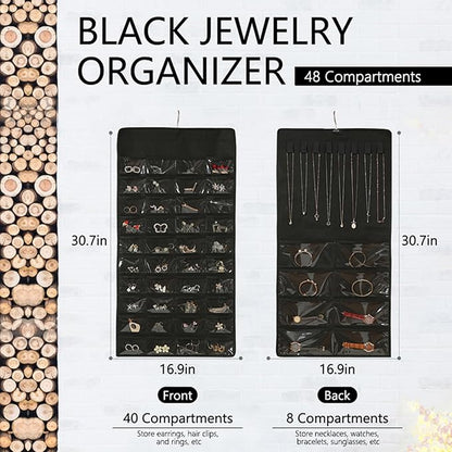 Double-Sided Hanging Jewelry Organizer with 48 Pockets and 8 Hooks – Versatile Accessories Holder for Earrings, Necklaces, Rings, Glasses – Wall, Door, or Closet Mounted Jewelry Hanger.