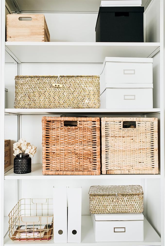 QWORK Seagrass Basket Set with Lids - 4-Piece Rattan Wicker Storage Baskets in Assorted Sizes, Handwoven, Durable Organizer for Home & Office, Rustic Farmhouse Decor, White
