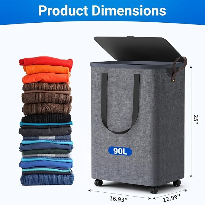 Laundry Basket with 5 Wheels, Tall Dirty Laundry Hamper, Rolling Laundry Basket with Lid, Large 90L Collapsible Clothes Hamper for Laundry Room Bedroom Bathroom Dorm, Light Gray