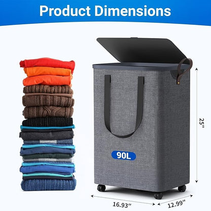 Laundry Basket with 5 Wheels, Tall Dirty Laundry Hamper, Rolling Laundry Basket with Lid, Large 90L Collapsible Clothes Hamper for Laundry Room Bedroom Bathroom Dorm, Light Gray