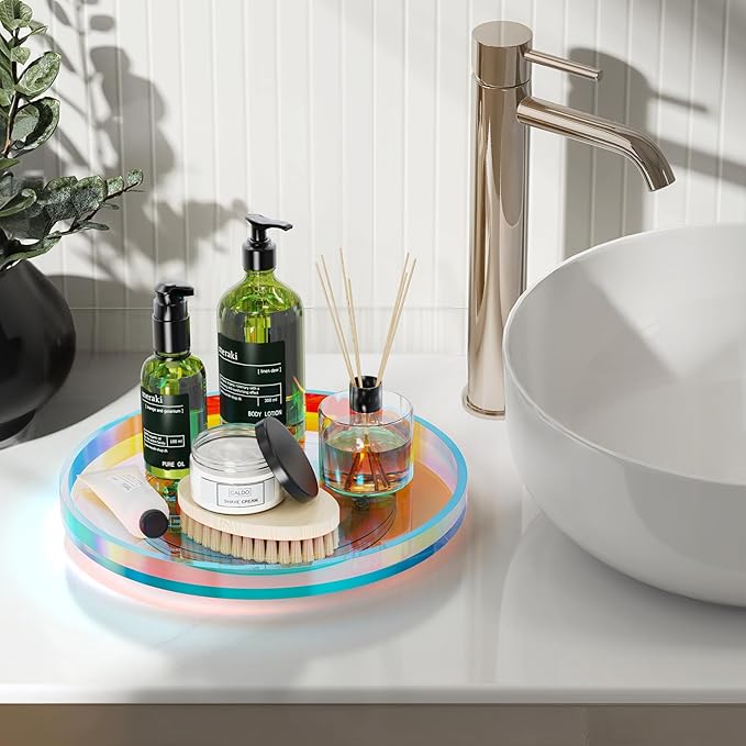 NiHome 9 Inch Turntable Acrylic Vanity Organizer Tray for Condiments Cosmetics, Multipurpose Non-Slip Decorative Tray Organizer for Kitchen Bathroom Living Space, Modern Minimalist Design(Iridescent)