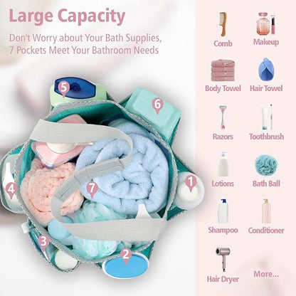 F-color Mesh Shower Caddy Portable, Large Capacity Shower Bag Basket Tote for College Dorm Room Toiletry Gym Rv Essentials, Bathroom with S Hook, Mint Green