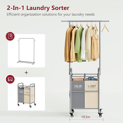 Tajsoon Laundry Sorter with Hanging Rack, 2 Section Rolling Laundry Hamper with Lockable Wheels and Removable Bag, Beige & Gray