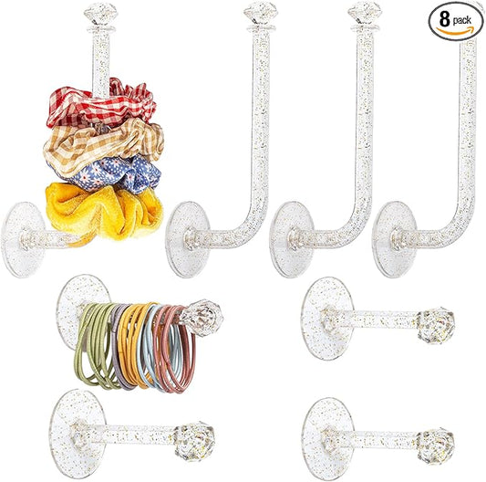 8Pcs Headband Holder Stand Scrunchie Organizer, Girls Hair Accessories Organizer Storage for Headband Hairband Hair Ties, Acrylic Clear Glitter Adhesive Scrunchy Holder Scrunchie Tower Storage
