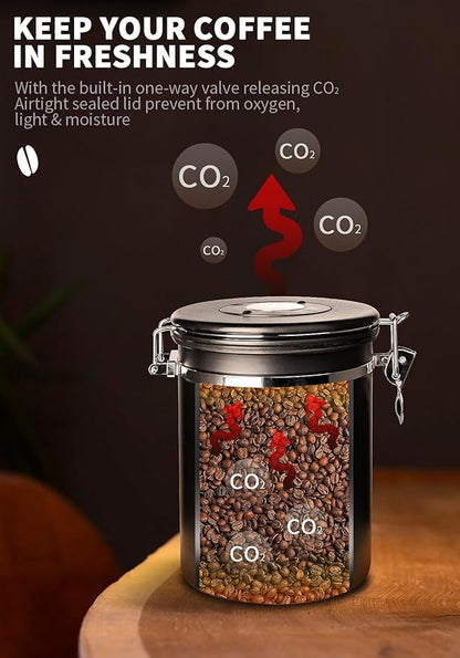 Coffee Canister with Airtight Lid, 22oz, 60 fl oz White, Stainless Steel Air Tight Lid Container with Date Tracker and Scoop Food Storage Jar for Coffee Bean (Black)