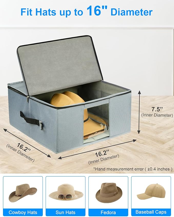 Large Cowboy Hat Storage Box with All Around Hardboard Support, Stackable, Crush-Proof, Dust-Proof Hat Carrying Case for Home & Travel, Rigid Hat Carrier Fits Up to 16" Wide Brim Hats, Grey