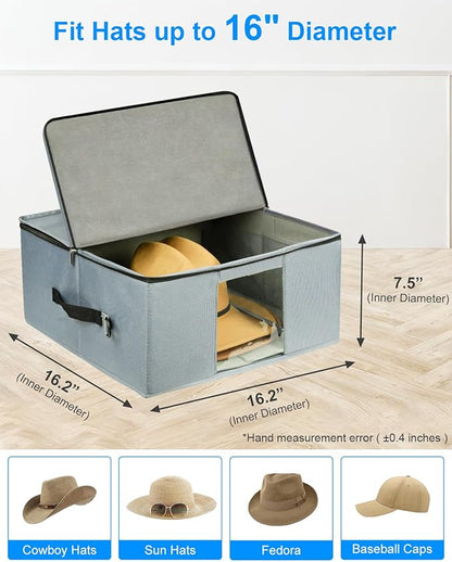 Large Cowboy Hat Storage Box with All Around Hardboard Support, Stackable, Crush-Proof, Dust-Proof Hat Carrying Case for Home & Travel, Rigid Hat Carrier Fits Up to 16" Wide Brim Hats, Grey