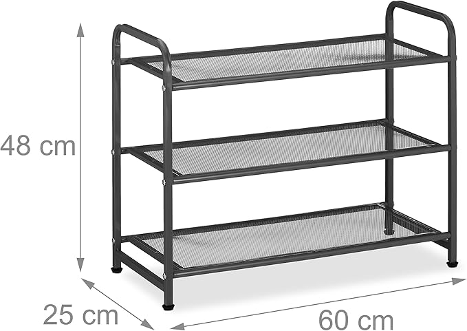 Relaxdays Rack, Organiser with 3 Levels, 6 Pairs of Shoes, HWD: 48 x 60 x 25 cm, Metal, Hallway Storage, Black, Steel