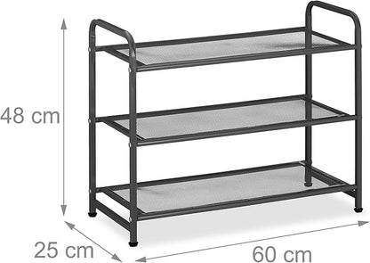 Relaxdays Rack, Organiser with 3 Levels, 6 Pairs of Shoes, HWD: 48 x 60 x 25 cm, Metal, Hallway Storage, Black, Steel