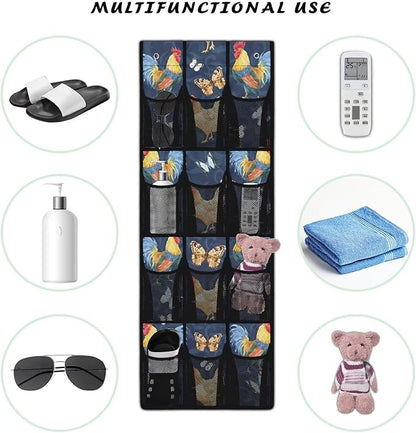 Over The Door Shoe Organizer, 12 Large Clear Mesh Pockets, Space Saving Hanging Storage Holder, Hangs On Closets for Shoes, Accessories,Roosters