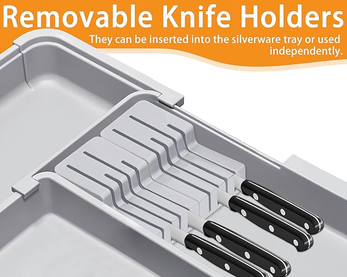 Homecor Large Utensil Organizer for Kitchen Drawer, Expandable Silverware Drawer Organizer Cooking Tray, Cutlery and Flatware Utensil Holder Kitchen Spatula Tools Storage with 3 Dividers, Grey