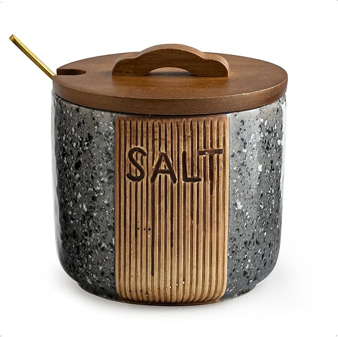 Salt Cellar with Lid & Spoon, Ceramic Salt Container for Countertop, 10 OZ Salt Bowl Holder, Gray