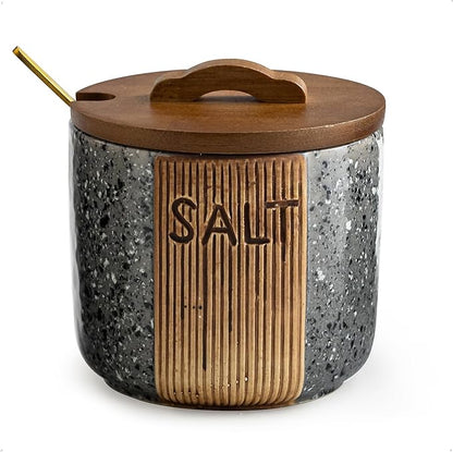 Salt Cellar with Lid & Spoon, Ceramic Salt Container for Countertop, 10 OZ Salt Bowl Holder, Gray