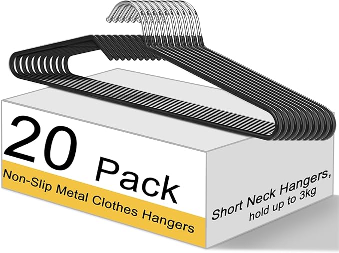 Leumoi 20 Pack Short Neck Hangers Non-Slip Metal Hangers for Clothes, Pants, Shirts, Tank Tops, Jackets, Space Saving, Short Neck Household Collar Protection (Black)