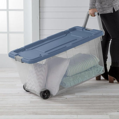 Extra Large Storage Bin, 40 Gallon Wheeled Plastic Storage Container with Handle,Pack of 2 (Clear/Blue)