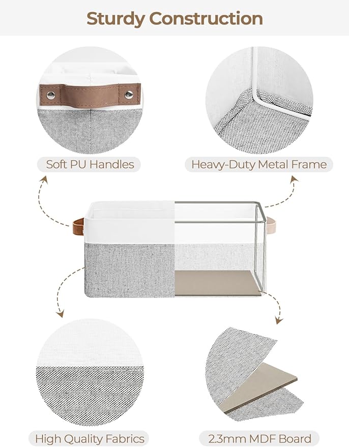 StorageWorks Narrow Storage Bins, Small Basket for Closet and Shelves, Rectangular Fabric Organizer with Handles, Toilet Paper Storage, Gray and White, 2-Pack