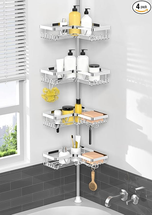 KEGII Corner Shower Caddy Tension Pole - Chrome 4-Tier Adjustable Shower Tension Rod Organizer with Hooks & Soap Holders, 25-114.2 Inch Stainless Steel Shower Storage Rack for Renters & Family