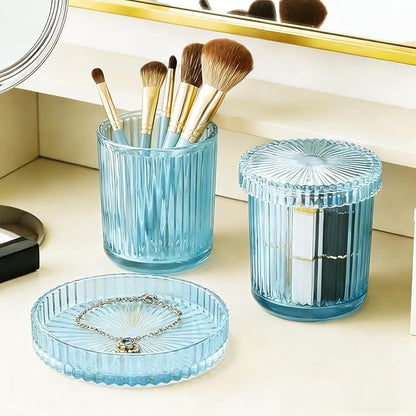 Glass Qtip Dispenser 2 Pack, Clear Bathroom Storage Organizer for Cotton Swabs, Balls, Pads & Floss Picks, Vanity Makeup Essential Accessories (Blue)