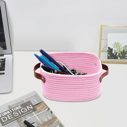 ABenkle Small Storage Basket, Mini Baskets with Handle, Cute Cotton Woven Baskets for Shelves, Boho Decorative Toy Storage Bin for Nursery, Spa, Empty Gift Basket - XS, Pink