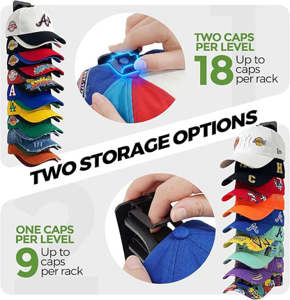 DIY 2Pack Hat Organizer – Holds 36 Hats (18 Each), Adjustable Clips, Adhesive or Screw Mount, for Baseball Caps & Snapbacks, Space-Saving Cap Holder & Hat Storage Wall Rack for Closet & Door, Black