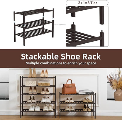 3 Tier Bamboo Shoe Rack Storage Organizer for Closet, Multifunctional Stackable Free Standing Shoe Shelf Organizer for Small Space,Entryway, Hallway, Bathroom27 x11 x20(Brown, 3 Tier)