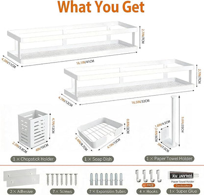 PUSDON 5-in-1 16.5" Extra Long Kitchen Organizer & Shower Caddy Set, Wall Mount Spice Rack with Paper Towel Holder, Utensil Holder & Soap Dish, Rustproof Mesh - White, Guardrail