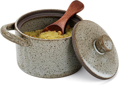 Honeydak Speckled Ceramic Salt Cellar with Lid and Wooden Spoon, Rustic Farmhouse Salt Pepper Cellar Holder for Mothers Day, Housewarming Gift, Heavyweight Spices Jar(Light Gray,1 Set)