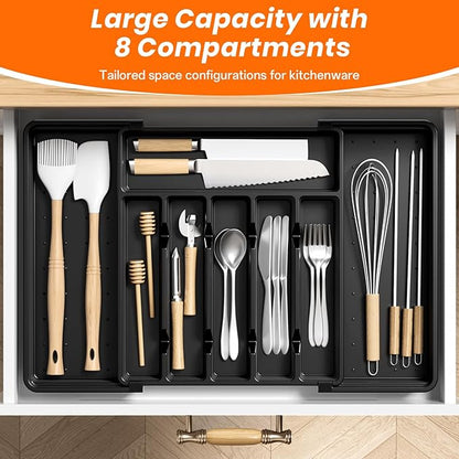 RoomHacks Large Silverware Organizer,Expandable Utensil Drawer Organizer,BPA Free Utensil Holder,Adjustable Silverware Tray Cutlery Drawer Organizer for Kitchen Flatware,Large,Black (6-8 Slots)