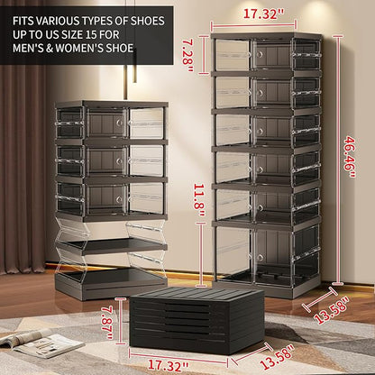 EHAMILY 6-Tier Collapsible Shoe Storage Rack - Large Plastic Shoe Organizer with Doors, Quick Assembly, Black