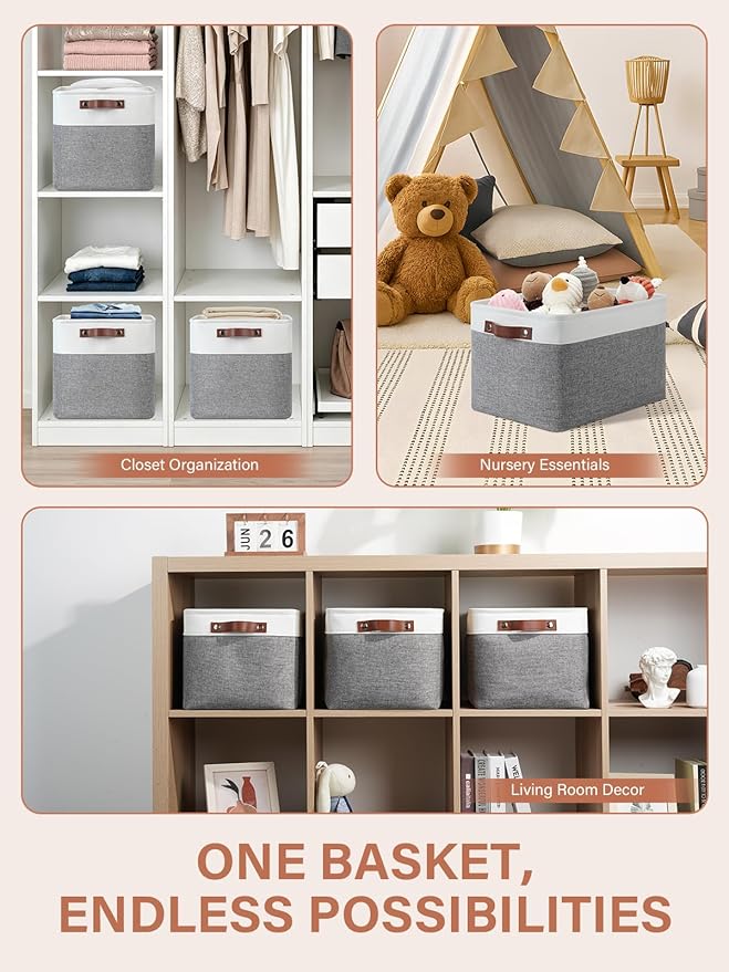 DULLEMELO Fabric Baskets for Storage, Office, Home,Nursery,Organizing Baskets for Shelves, Bedroom, Toys,Gift,Fabric Storage Basket with Handles(White&Grey,15"x11"x9.5",4-Pack)