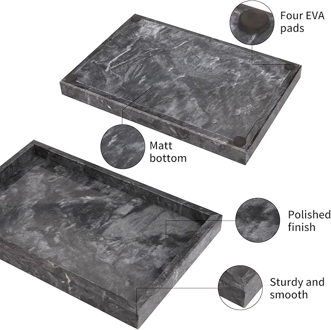 Marble Bathroom Vanity Tray, Natural Luxury Vanity Home Kitchen Bathroom Table Tray, Stone Decorative Countertop Dresser Trays for Key Coffee Perfume Jewelry Makeup (Black, 12"x 8" x1.2")